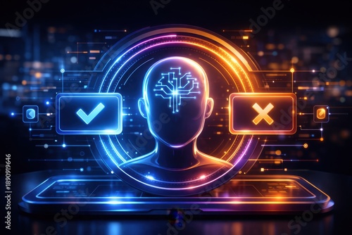AI decision making with checkmark and cross symbols on futuristic interface
