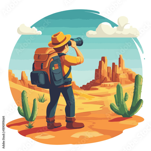 Cartoon Character Exploring a Desert Landscape with Binoculars , vector style simple color