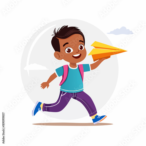 Young boy running with paper airplane.