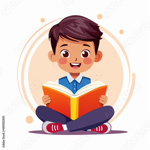 Young Boy Reading Open Book Sitting.