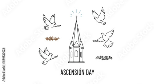Black and White Ascension Day Church with Flying Doves steeple flying birds