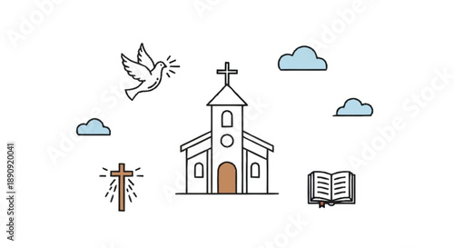 Black and White Line Church Dove Clouds Open Book peace