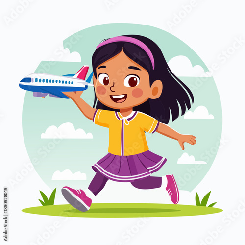 Young Girl Running with Toy Airplane.