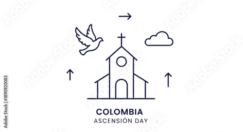 Black and White Line of Church with Dove and Clouds for Ascension Day religious