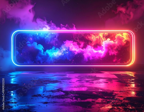 Wallpaper Mural Neon rectangle frame with nebula inside, reflected on a wet floor. Vaporwave aesthetic Torontodigital.ca