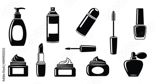 Black and white illustration of various cosmetic products and beauty items