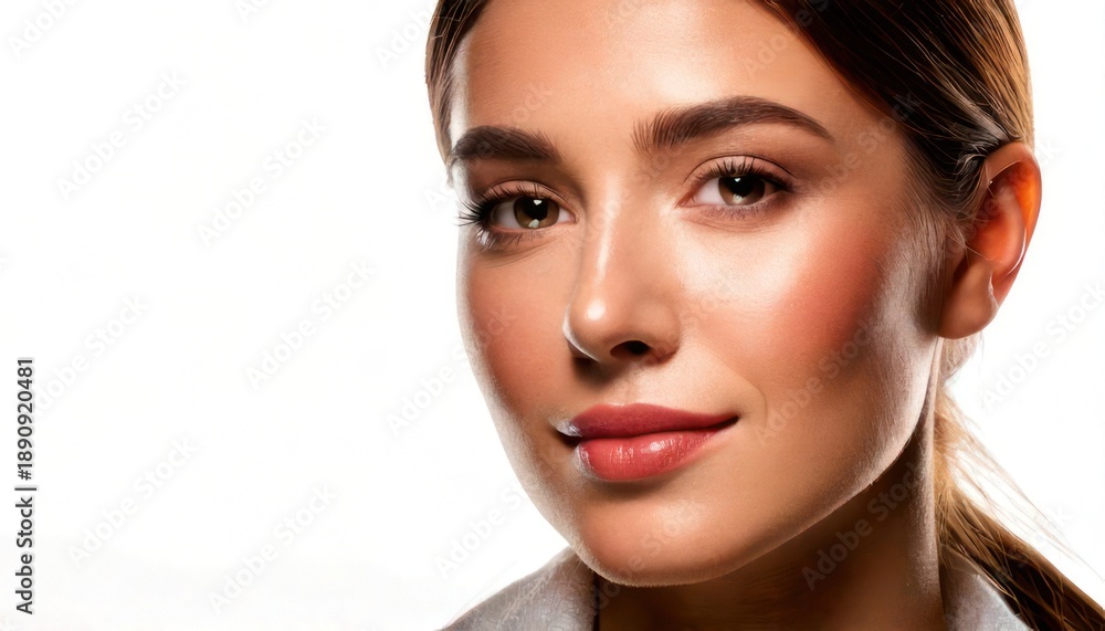 Fototapeta premium Portrait of a young woman with glowing skin and subtle makeup.