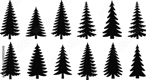 Evergreen pine tree silhouette vector set with conifer forest icons, winter nature design elements isolated on white background illustration
