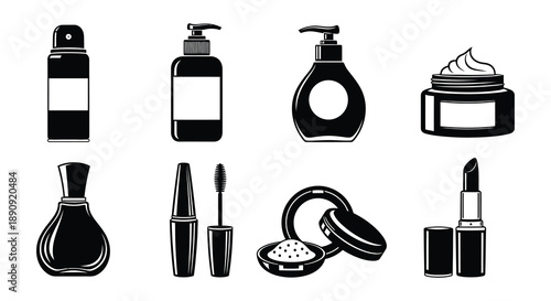 Black and white illustration of various cosmetic products and beauty items