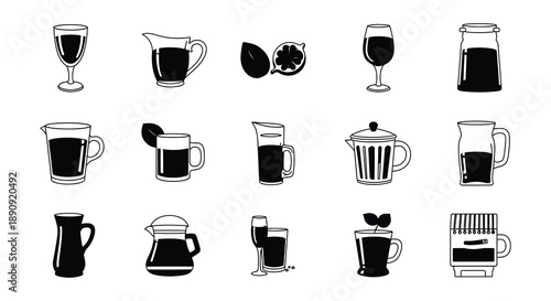 Black and white illustration of various beverage containers and fruit