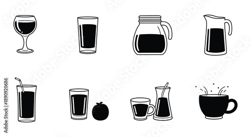 Black and white illustration of various beverage containers and fruit