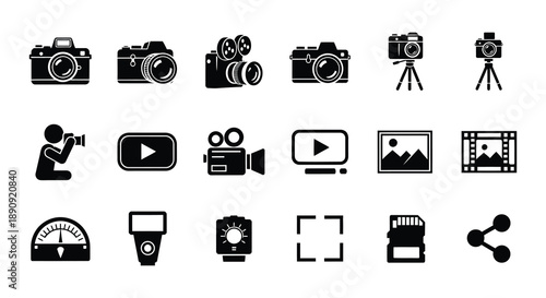 Collection of black silhouette icons representing photography and videography equipment