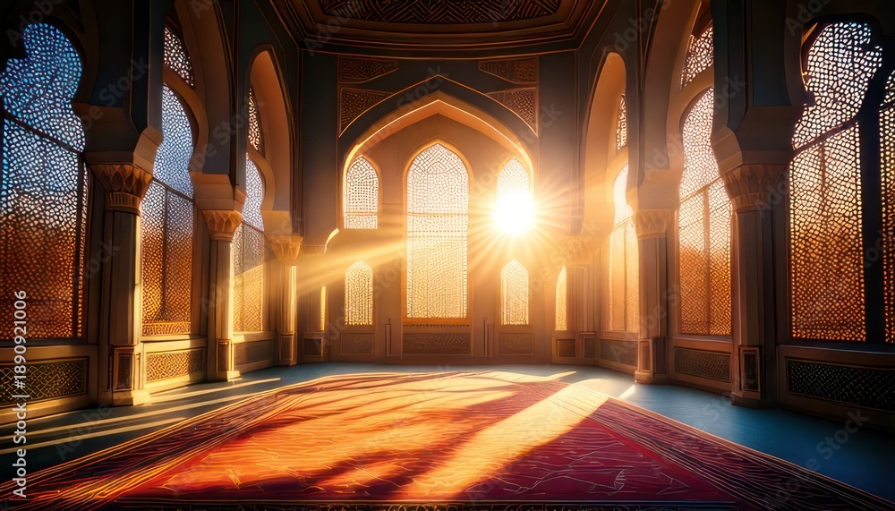 Obraz premium Sunlight streaming through arched windows in a mosque interior.