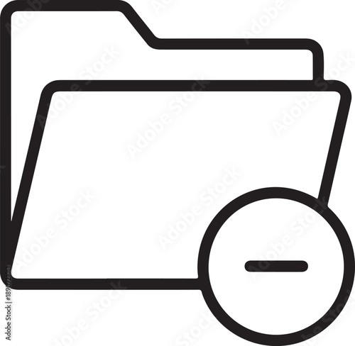 A simple black line illustration of a folder with a minus sign icon on a white background viewed from a straightforward perspective depicting a digital file management interface
