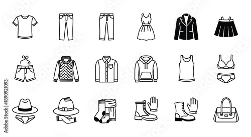 Black and white outline icons depicting various clothing items and accessories