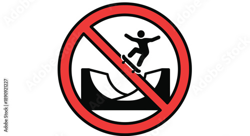 Official prohibition sign clearly indicating that skateboarding activities including performing tricks on a halfpipe are strictly not allowed in this designated area