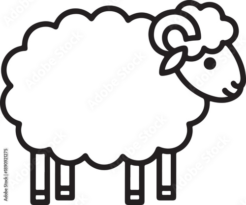 A cartoon sheep standing in a field, viewed from the side, with a simple black outline and a fluffy coat, representing farm animals in a children's illustration style