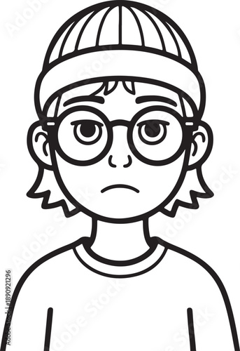 A cartoon boy wearing a beanie and glasses with a disappointed expression, in a simple line drawing style, viewed from the front, with a neutral background.