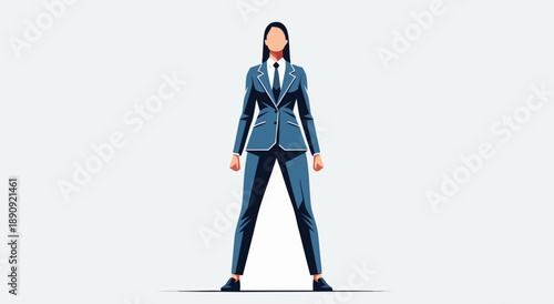 Confident Professional Business Woman in Blue Suit Standing with Powerful Stance