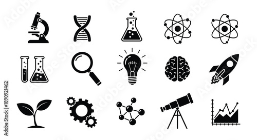 Black and white icons representing science chemistry biology and physics