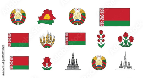 Set National Symbols Flags CoatOfArms Wheat Tulips Landmarks RedGreen