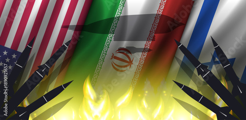 Vector wavy national flags, United States of America, Islamic Republic of Iran and Promised Land. Shadows and silhouettes of rockets. Fire. Shadow of flying american bomber. Military wide banner