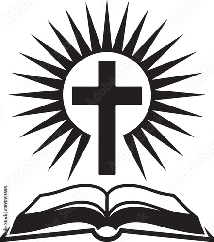 A symbolic illustration featuring a cross in the center of a sunburst above an open book, representing faith and spiritual guidance, with bold lines and contrasting tones on a simple background.