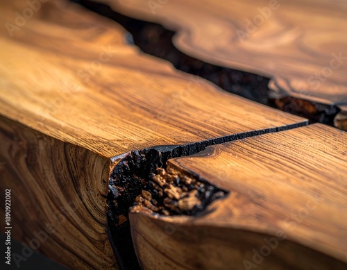 Close-up of a wooden table surface, with a resin-filled crack detail