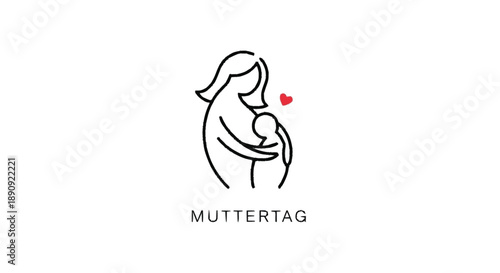 Black Line Mother and Child with Red Heart for Mothers Day motherhood love affection