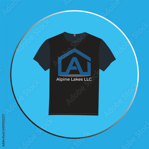 Custom Graphic Tee Design Mockup, Alpine Lakes LLC Blue House Icon Logo on Black Shirt, Vector Illustration for Apparel Branding