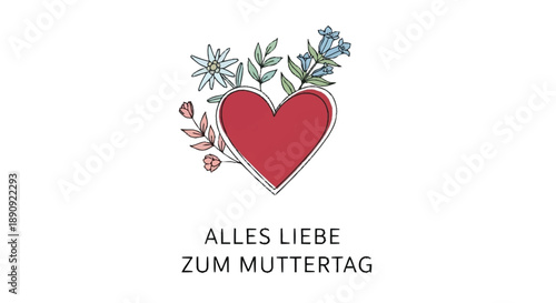 Hand Drawn Red Heart with Floral Branches for Mothers Day Greeting flowers