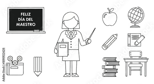 Blackboard Celebrating Teacher Day with School Supplies and Symbols feliz día del maestro