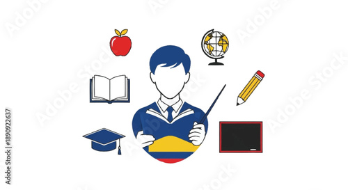 CartoonTeacherHoldingPencilWithEducationObjectsAroundFlatDesign