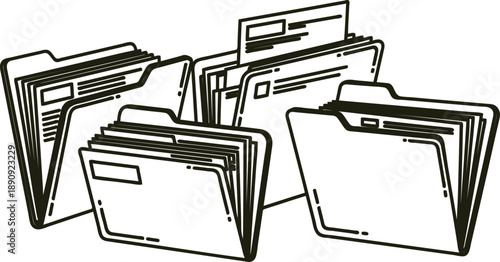 Four open file folders with papers stacked inside office organization concept