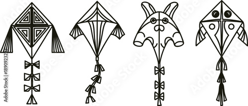 Four different kite designs with unique shapes and patterns flying high in the air freely