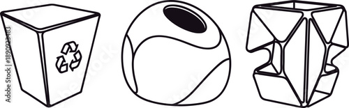 Recycling bin crystal ball and geometric shapes in minimalist line art style