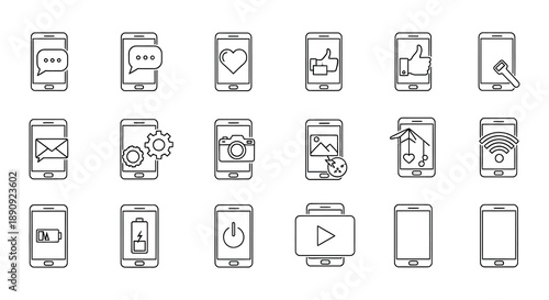 Collection of smartphone icons displaying various social media and device functions