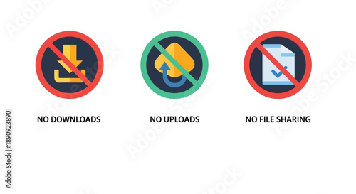 Security policy icons clearly indicate necessary restrictions against downloading uploading or engaging in file sharing activities across digital platforms