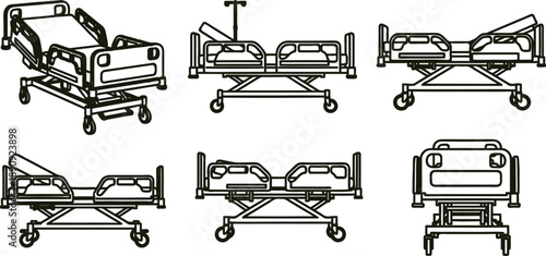 Six different hospital beds with wheels in various positions and designs  medical equipment