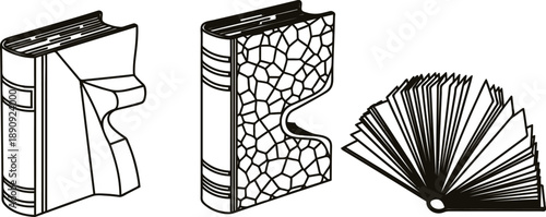 Three black and white illustrations of books in different styles and orientations on white background