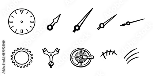 Black linear icons: clock, compass, tools on metallic background