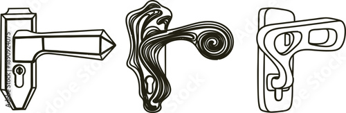 Three different door handles in various designs and styles for interior and exterior use