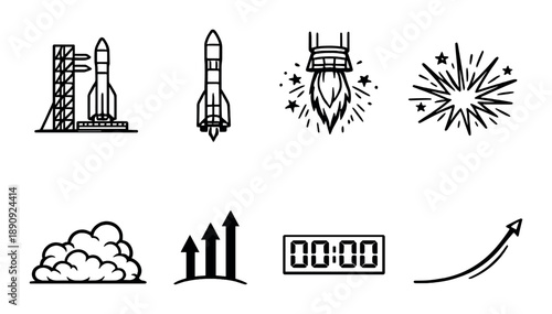 Rocket launch icons on dark background with timer display