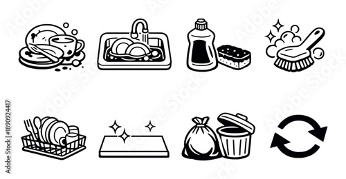 Monochrome kitchen cleaning symbols: dishes, soap, sponge, trash, recycling icons