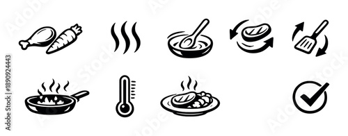 Cooking process icons: ingredients, preparation, and completion symbols