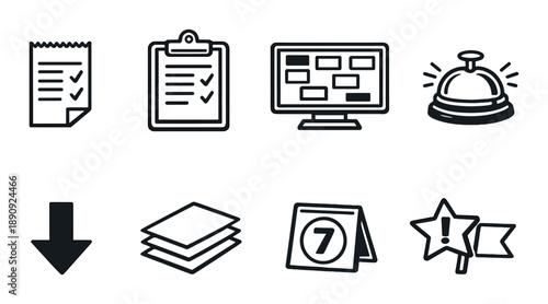 Minimalistic icons collection featuring checklist, computer, bell, and calendar