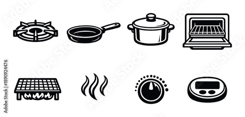 Set of kitchen appliance icons: stove, pan, pot, oven, grill, steam, timer, thermostat