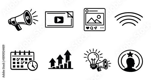Black icons on dark background: marketing, social media, and communication symbols