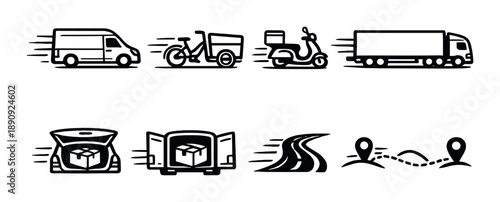 Fast delivery icons: van, bicycle, scooter, truck, and road path illustrations