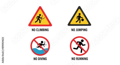 Collection of four distinct safety warning signs illustrating prohibitions against climbing jumping diving and running actions for public awareness